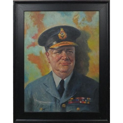 2346 - Oil onto canvas, portrait of Sir Winston Churchill in Military uniform, bearing an indistinct signat... 