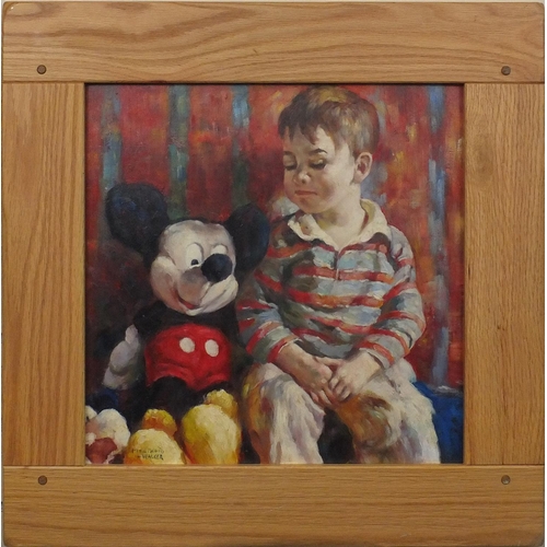 2253 - Modern British oil onto board, young boy beside Mickey Mouse, bearing a signature Fleetwood Walker, ... 