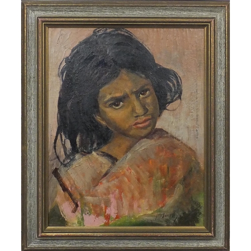 2487 - Oil onto board, portrait of an Arab girl, baring a signature P Naviasky, framed, 49cm x 37cm excludi... 