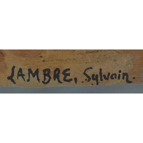 2381 - Sylvain Lambe - Modernist oil onto board, primitive figures around a table, label and inscribed vers... 