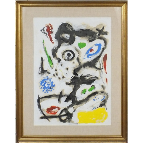 2099 - Mixed media abstract composition, bearing a signature Miro, inscription verso, mounted and gilt fram... 