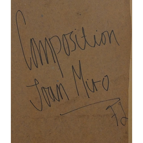 2099 - Mixed media abstract composition, bearing a signature Miro, inscription verso, mounted and gilt fram... 