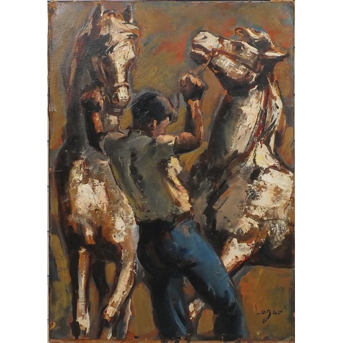 2349 - Unframed oil onto board, man holding two white horses, bearing a signature Lagar, 73cm x 51cm