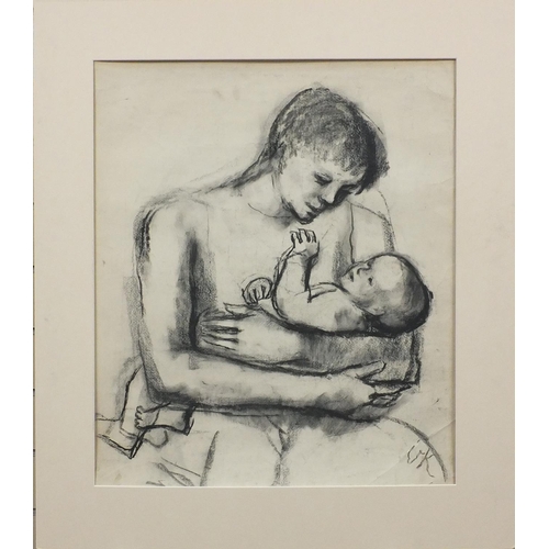 2489 - Unframed charcoal onto paper, woman holding her young child, bearing an inscription Oskar Kokoschka ... 