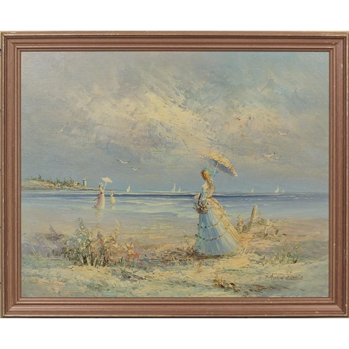 2270 - French impressionist oil onto board, figures on the beach, bearing a signature Marie Charles, framed... 