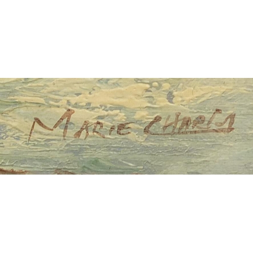 2270 - French impressionist oil onto board, figures on the beach, bearing a signature Marie Charles, framed... 