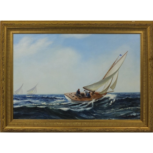 2149 - Oil onto board, sailing boat at sea, bearing a signature Deryck Foster, print out and inscribed vers... 