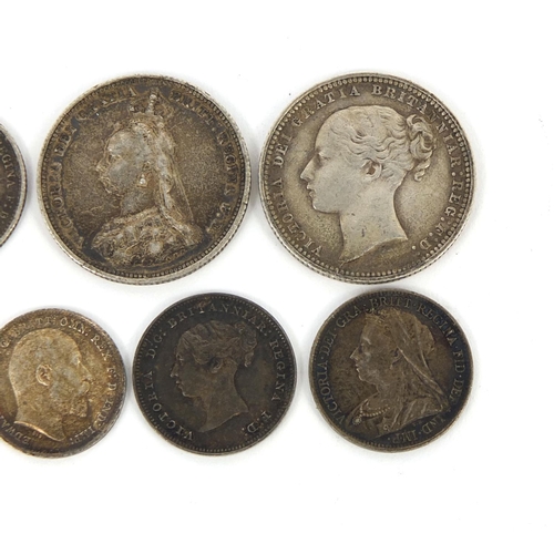 290 - Eight Victorian and later British coins including Maundy coins, two shillings dated 1872 and 1887, a... 