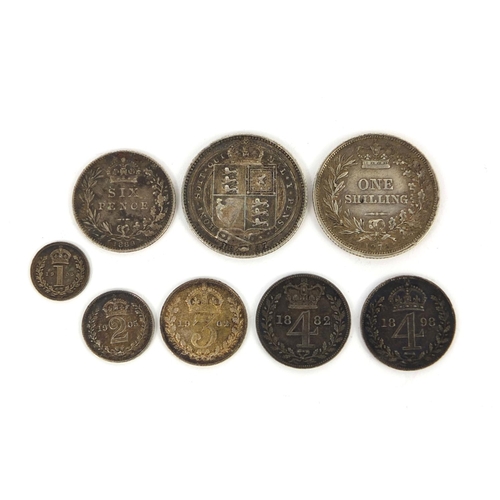 290 - Eight Victorian and later British coins including Maundy coins, two shillings dated 1872 and 1887, a... 