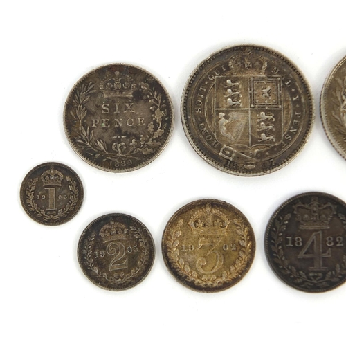 290 - Eight Victorian and later British coins including Maundy coins, two shillings dated 1872 and 1887, a... 