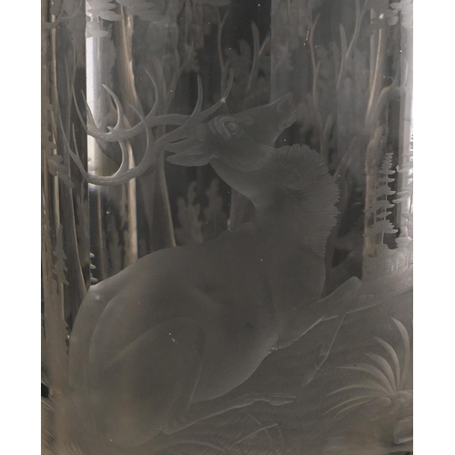 727 - 19th century Bohemian octagonal glass, etched with a stag in a continous landscape, 11cm high