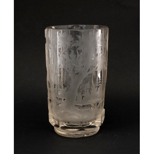 727 - 19th century Bohemian octagonal glass, etched with a stag in a continous landscape, 11cm high