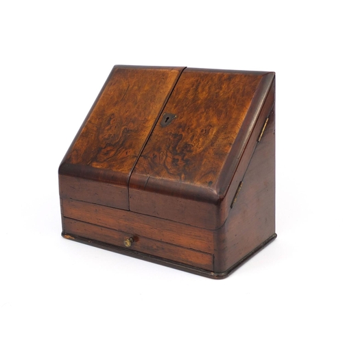 32 - Victorian burr walnut stationery box fitted with a pair of doors above a drawer to the base, 25cm hi... 