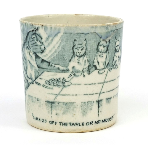 711 - Victorian child's pottery Louis wain style comical mug decorated with rhyme 'Hands off the table or ... 