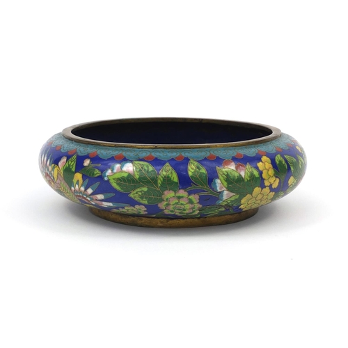 562 - Oriental cloisonné bowl enamelled with a stylised bird amongst flowers and foliage, four figure char... 