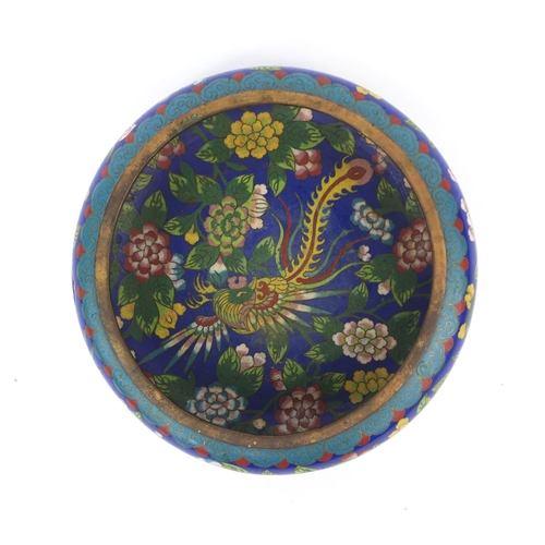 562 - Oriental cloisonné bowl enamelled with a stylised bird amongst flowers and foliage, four figure char... 