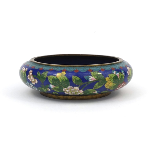 562 - Oriental cloisonné bowl enamelled with a stylised bird amongst flowers and foliage, four figure char... 