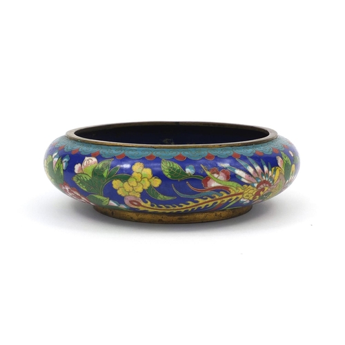 562 - Oriental cloisonné bowl enamelled with a stylised bird amongst flowers and foliage, four figure char... 