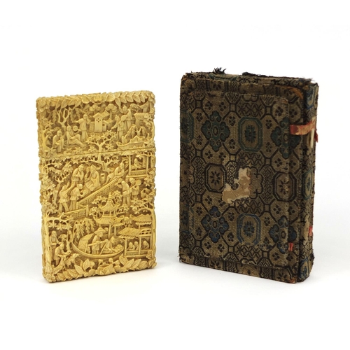 528 - Good rectangular Chinese Canton ivory card case, profusely carved with figures, pagodas and junks, c... 