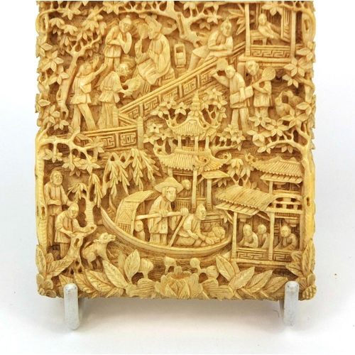 528 - Good rectangular Chinese Canton ivory card case, profusely carved with figures, pagodas and junks, c... 