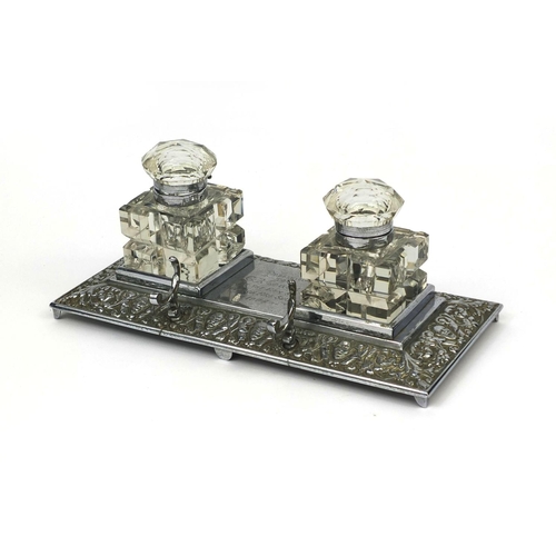 179 - Fire interest silver plated desk stand with two glass inkwells, presented to C R Couch by the men at... 