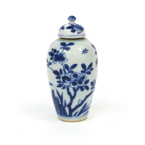 445 - Chinese blue and white porcelain lidded vase, hand painted with insects and trees, 12.5cm high