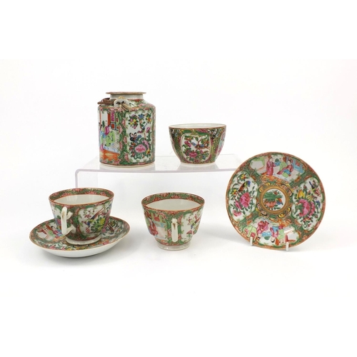 482 - Chinese Canton porcelain part tea service, hand painted in the famille rose palette with birds, inse... 