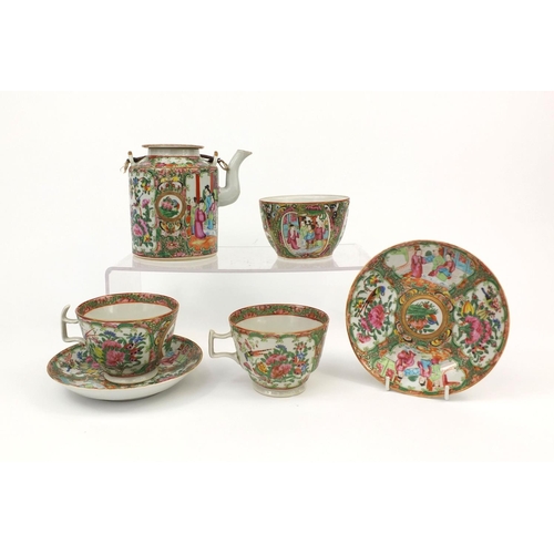 482 - Chinese Canton porcelain part tea service, hand painted in the famille rose palette with birds, inse... 