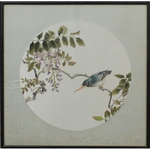 564 - Circular Chinese silk panel embroidered with a bird on a branch, part label verso, mounted and frame... 