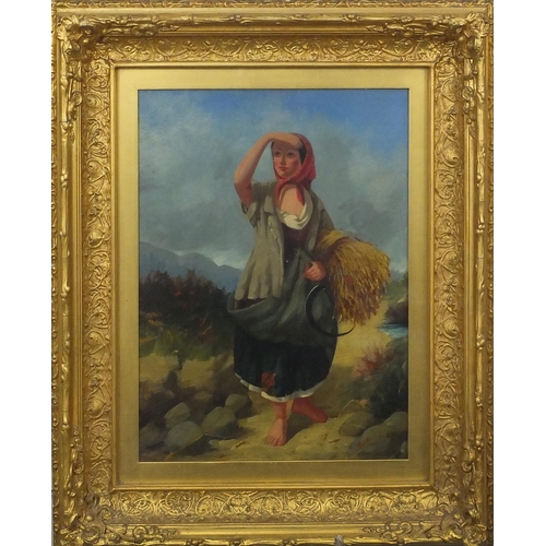 1166 - G W Goodall 1865 - 19th century oil onto canvas, bare footed female carrying wheat, J Davey & Sons l... 