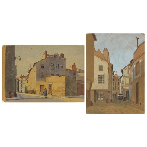 1258 - Two unframed French watercolour onto card, street scenes, both with pencil inscriptions verso, each ... 