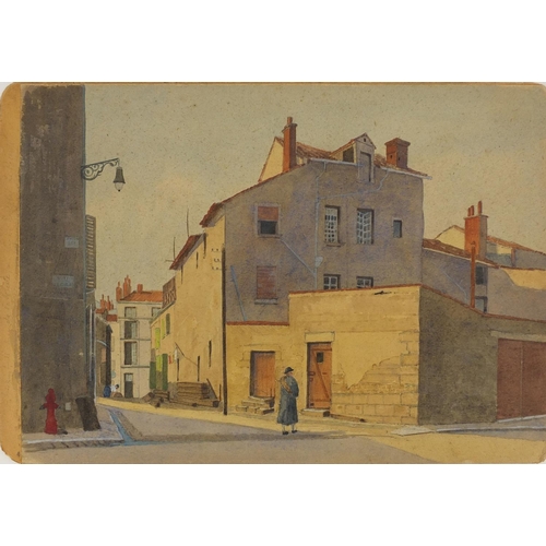 1258 - Two unframed French watercolour onto card, street scenes, both with pencil inscriptions verso, each ... 