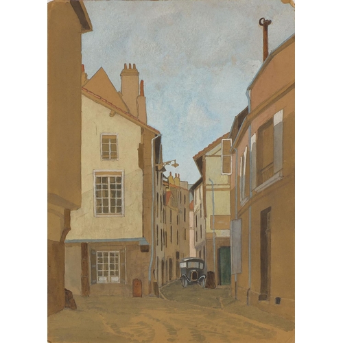 1258 - Two unframed French watercolour onto card, street scenes, both with pencil inscriptions verso, each ... 