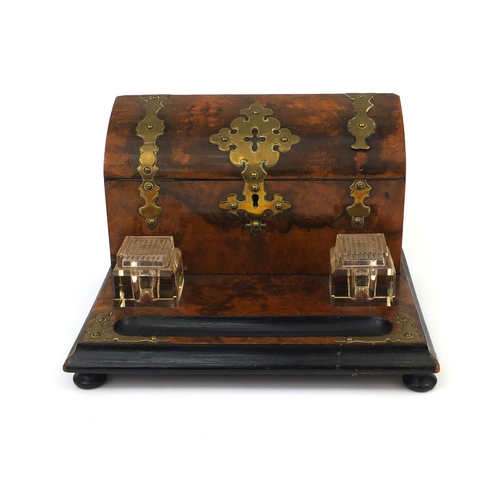 31 - Victorian burr walnut desk stand with glass inkwells, letter rack and brass strap decoration, 21cm h... 