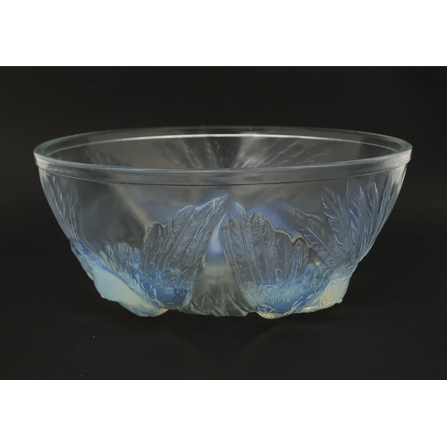 737 - Art Deco opalescent glass bowl, possibly by Joblin, moulded to the underside with stylised birds, 19... 