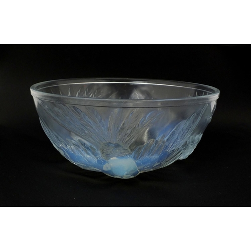 737 - Art Deco opalescent glass bowl, possibly by Joblin, moulded to the underside with stylised birds, 19... 