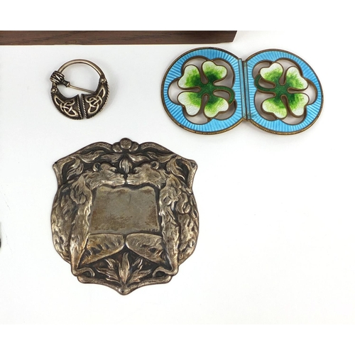 152 - Objects including a silver port decanter label, enamelled stand of two figures, impressed marks to t... 