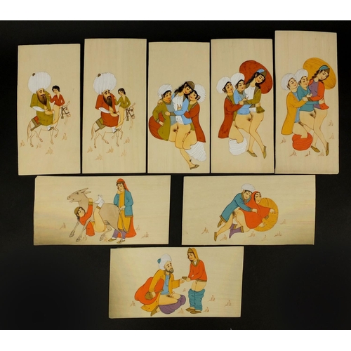 616 - Eight Persian panels each hand painted with erotic figures and animals, each 20cm x 10cm