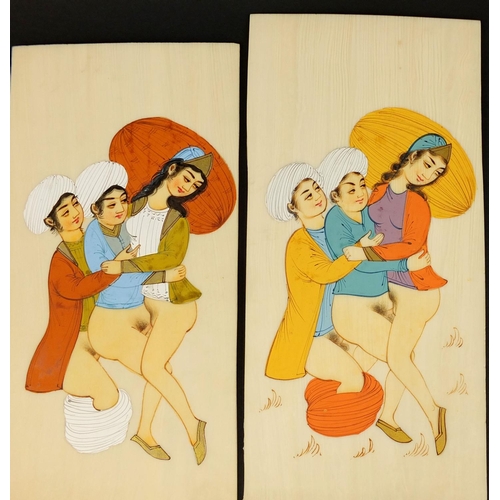 616 - Eight Persian panels each hand painted with erotic figures and animals, each 20cm x 10cm