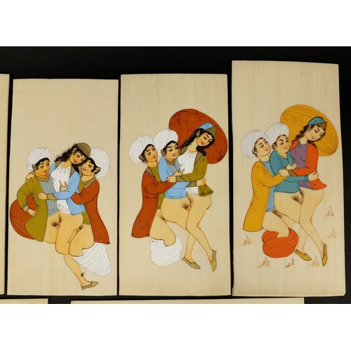 616 - Eight Persian panels each hand painted with erotic figures and animals, each 20cm x 10cm