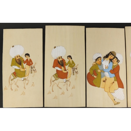 616 - Eight Persian panels each hand painted with erotic figures and animals, each 20cm x 10cm