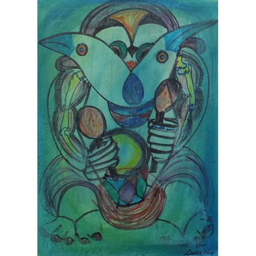 1254 - Unframed watercolour onto paper, abstract composition, surreal figure, bearing a signature Laeles Di... 