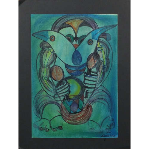 1254 - Unframed watercolour onto paper, abstract composition, surreal figure, bearing a signature Laeles Di... 