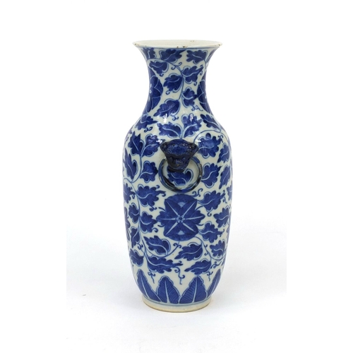 442 - Chinese blue and white porcelain vase with elephant head handles, hand painted with floral motifs, f... 