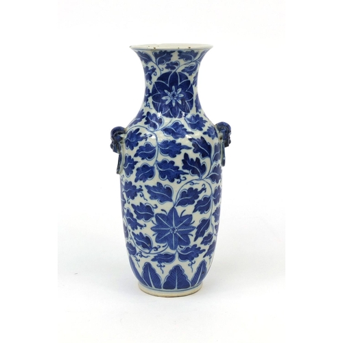 442 - Chinese blue and white porcelain vase with elephant head handles, hand painted with floral motifs, f... 