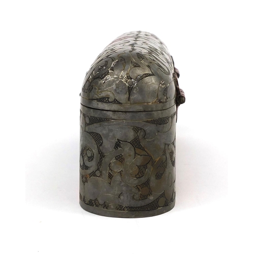 638 - Turkish dome topped iron pen box with inset inkwell, engraved with script and a floral motifs, 10cm ... 