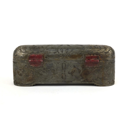 638 - Turkish dome topped iron pen box with inset inkwell, engraved with script and a floral motifs, 10cm ... 