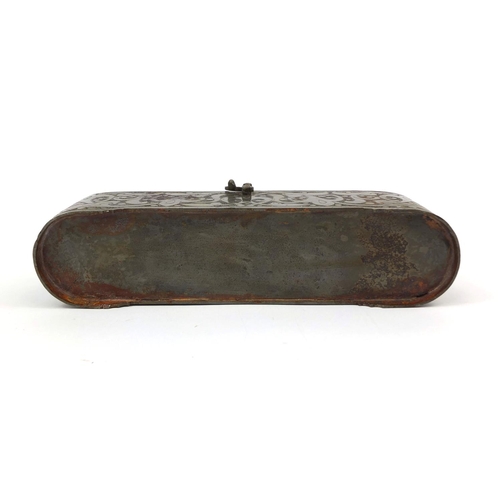 638 - Turkish dome topped iron pen box with inset inkwell, engraved with script and a floral motifs, 10cm ... 