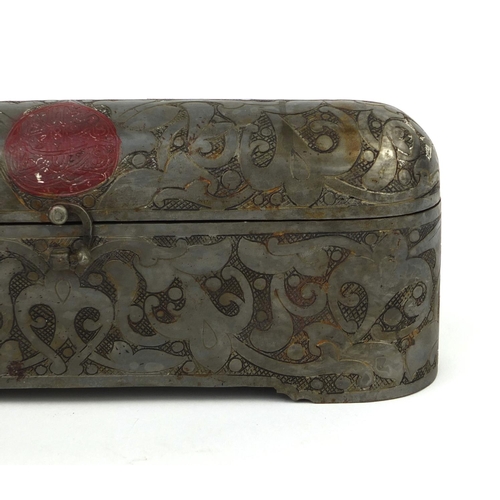 638 - Turkish dome topped iron pen box with inset inkwell, engraved with script and a floral motifs, 10cm ... 