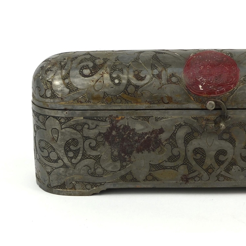 638 - Turkish dome topped iron pen box with inset inkwell, engraved with script and a floral motifs, 10cm ... 